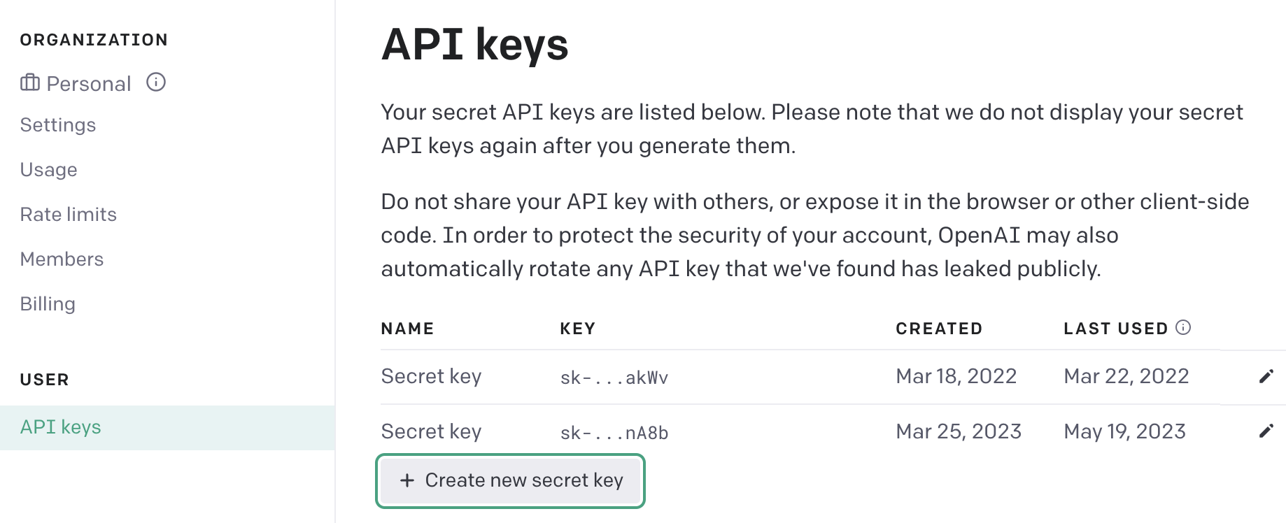 OpenAI Secret Keys