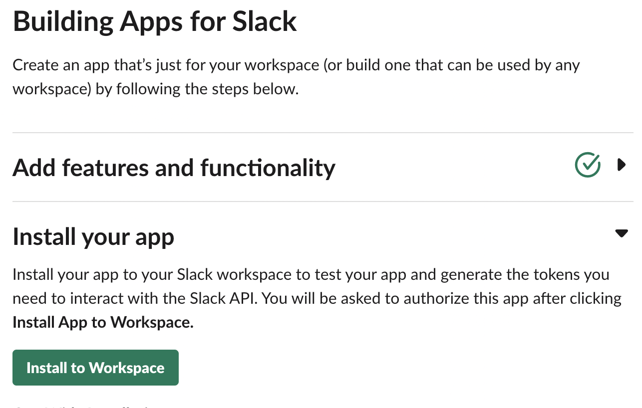 The picture shows the button to Install the App to the Slack Workspace.